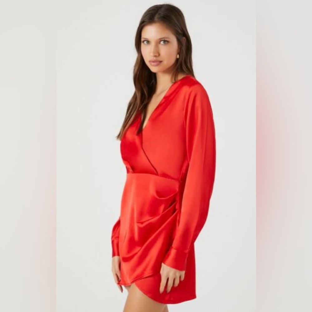 Satin Surplice Tulip-Hem Mini Dress